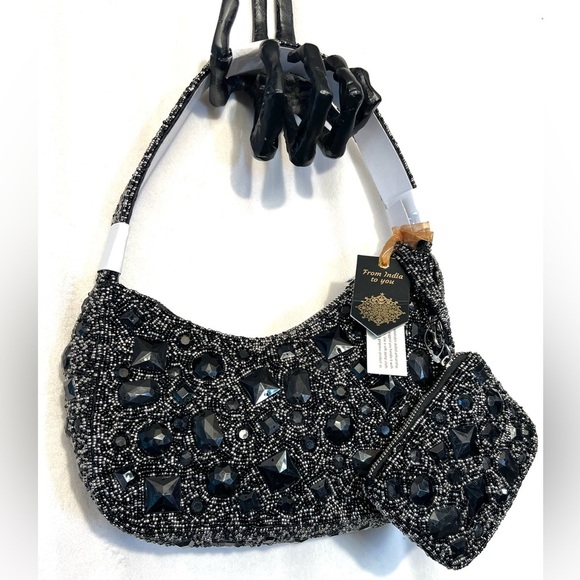 🖤🩶🖤 MADE IN INDIA BEAUTIFUL Black Beaded Shoulder Bag With Coin Purse🖤🩶🖤NWT - Picture 6 of 17